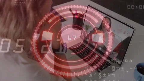 User on laptop in work call speaker talking causing red HUD readout counter Stock Footage 330330929