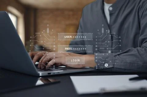 User Login Interface with Hands on Laptop Keyboard in Office Setting 스톡 사진