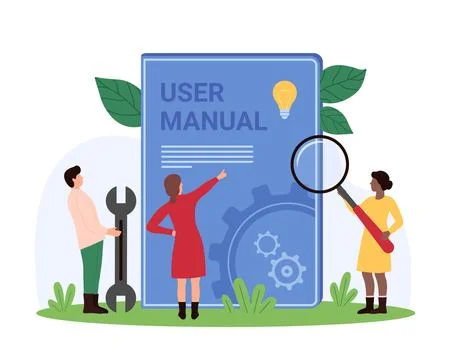 User manual, book with policy documents and instructions to solve problem of Stock Illustration