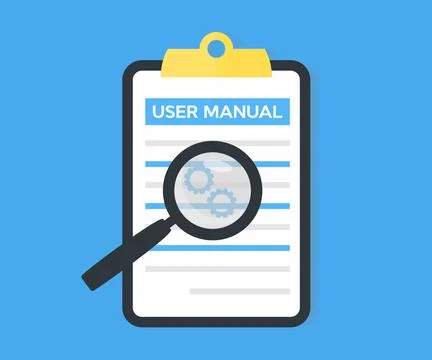 User manual concept, guidebook, instruction document, logo design. Illustrazione stock