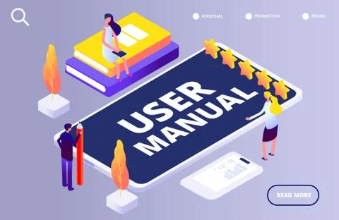 User manual concept. People with guide instruction on smartphone app vector Stock Illustration