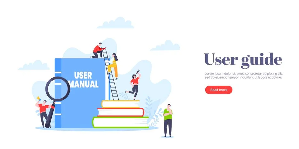 User manual guide book flat style design vector illustration. Tiny people Stock Illustration