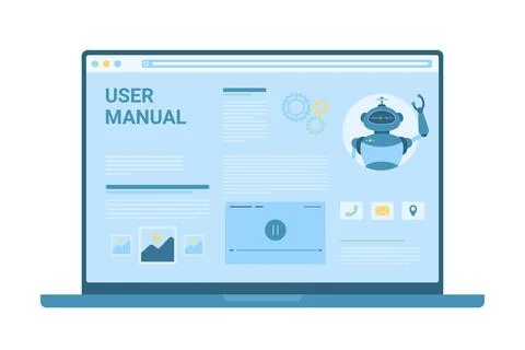 User manual guide on laptop desktop, web guidance service with tutorials and 스톡 일러스트