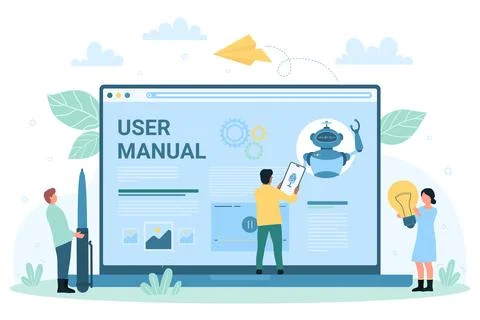 User manual online, tiny people study guide article on laptop screen, read Illustration