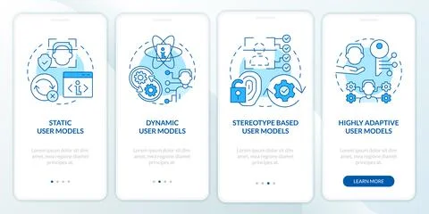 User modeling blue onboarding mobile app screen Stock Illustration