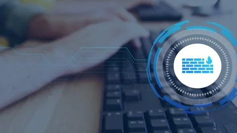 User moving mouse then typing, activating firewall HUD, rings rotating, lines Stock Footage 335762054