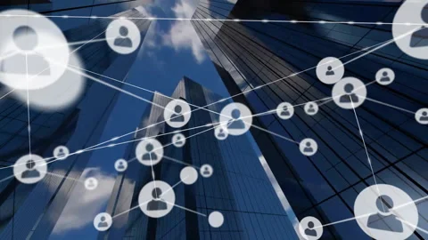 User node appearing over skyscraper view, forming linked circles and expanding Video stock 311900764