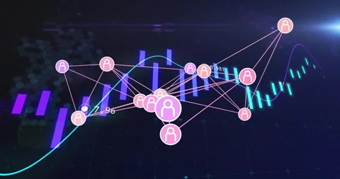 User node cluster glowing and linking in flat design grid, displaying purple Stock Footage 309106753
