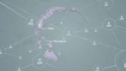 User node fading, pin highlighting, network forming, globe rotating, showing 스톡 동영상 313294941