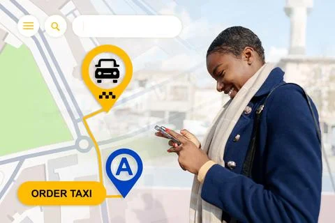 User orders taxi through a map application in a busy city area Stockfoto's