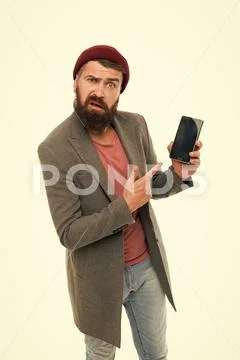 User outraged. Man brutal bully appearance hold smartphone isolated white Stock Photos