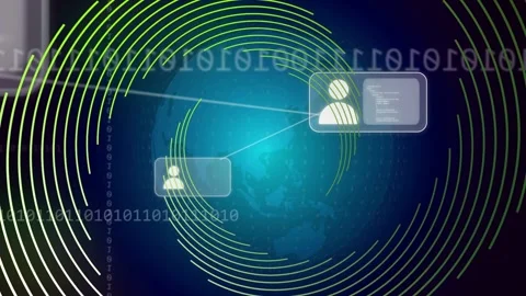 User panel appearing, globe centered, rings rotating, panels linking and Stock Footage 334465686
