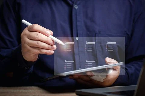 The user points to a folder at the virtual screen to work. Storing corporat.. Stock Photos