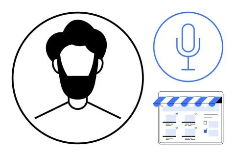 User profile in black circle, blue microphone, store interface with blue-stri Illustrazione stock