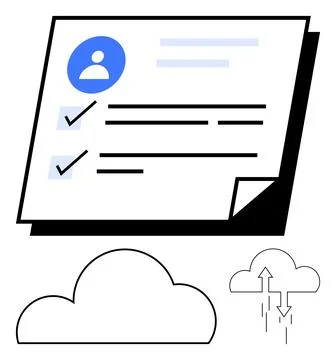 User profile card with check marks on a document, cloud outlines, and data sy Stock Illustration