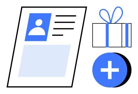 User profile card with gift box and add button, representing social media i.. 스톡 일러스트
