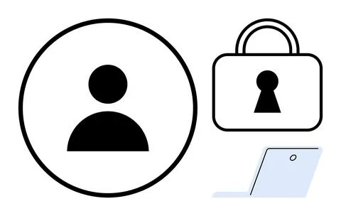 User profile circle, secure lock, and laptop highlight cybersecurity, data se Stock Illustration