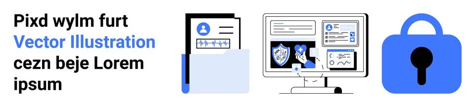 User profile document, desktop display with security analytics, and padlock i Stock Illustration