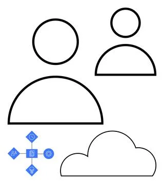 User profile icons, cloud symbol, and interconnected service management icons Stock Illustration