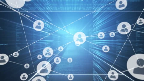 User-profile icons connecting in flat network space, with streaming code columns Stock Footage 309321040