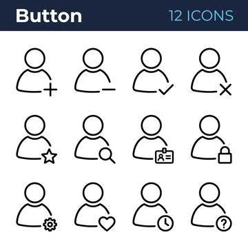 User profile icons set with plus, minus, checkmark, cross, star, search, ID.. Stock Illustration