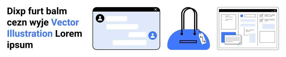 User profile interface with chat bubbles, blue shopping bag, and webpage desi Stock Illustration