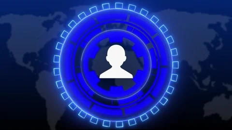User profile networking animation displays blue neon gear interface icons. .. Stock Footage 341128996