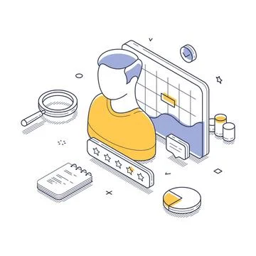 User profile surrounded by analytics tools such as charts, ratings, and notes 스톡 일러스트