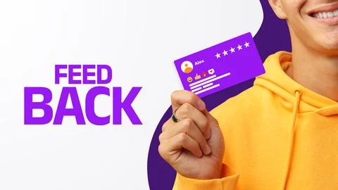 User provides feedback with a digital card featuring ratings and comments in a Stock Photos