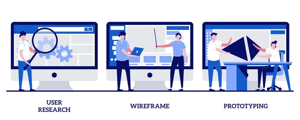 User research, wireframe, prototyping concept with tiny people. UX design a.. Stock Illustration