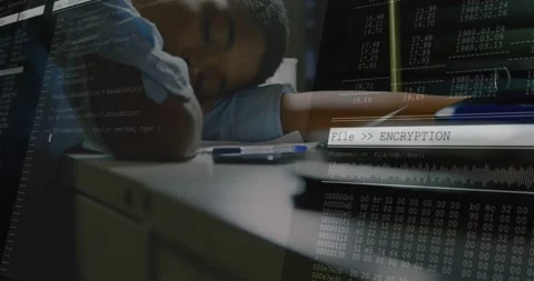 User resting on desk encryption starting and projecting code overlaying desk and Stock Footage 331820555