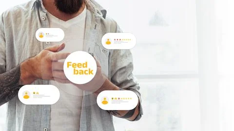 User reviews and feedback during a coffee break in a bright indoor setting Stock Photos