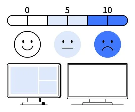 User satisfaction rating scale with smiling, neutral, and sad faces alongside Stock Illustration