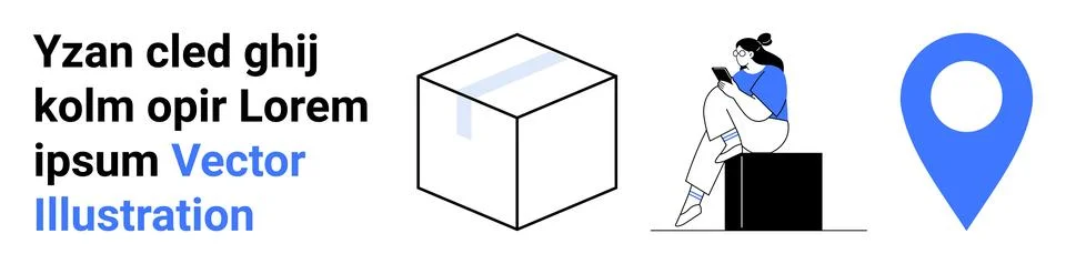 User seated on a box while interacting with a mobile device next to a 3D cube Stock Illustration
