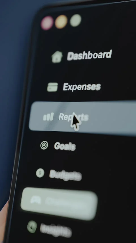 User selects the Reports category from the menu sidebar from a financial app Stock Footage 329329797