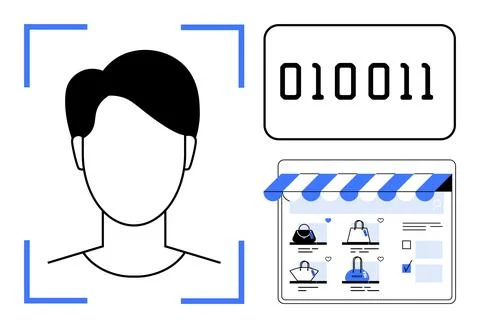 User silhouette marked by scanning brackets, binary code, webpage with shoppi Stock Illustration