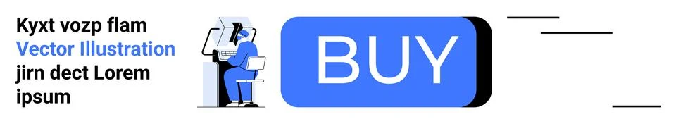 User sitting at computer desk, clicking large blue Buy button. Ideal for e-co Stock Illustration