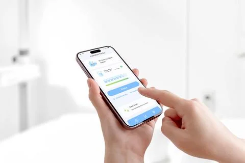 User tapping hydration reminder app on smartphone, drinking water tracking .. Stock Photos