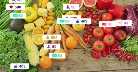 User tapping initiating badges appearing over produce spread, floating, Stock Footage 323273358