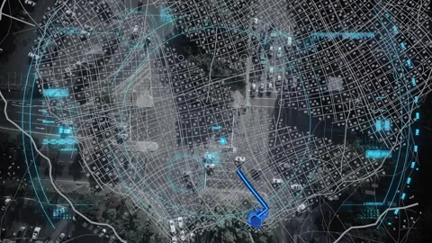 User tapping map causing blue marker moving down grid, scan pulsing route Stock Footage 339448739