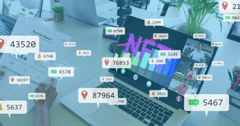 User tapping report and comparing animated NFT bars and rising social icons for Stock Footage 315864338