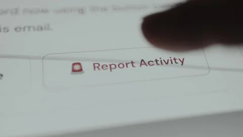User taps the fake Report Activity digital button, ethical hacking concept Stock Footage 333381603