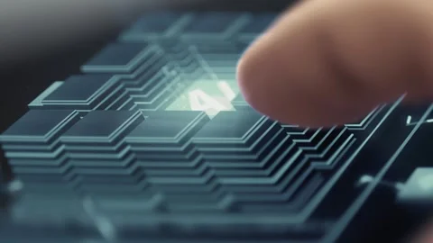 User touching the illuminated AI core inside a layered circuit architecture Stock Footage 342489345