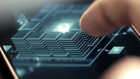 User touching the illuminated AI core inside a layered circuit architecture Stock Photos