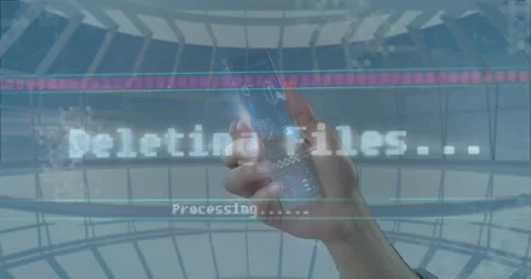 User touching smartphone screen deleting files and aligning holographic panels Stock Footage 327272423