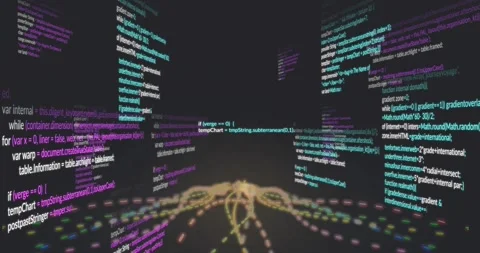 User-triggered code panels shifting while central dot network expanding Stock Footage 320288221