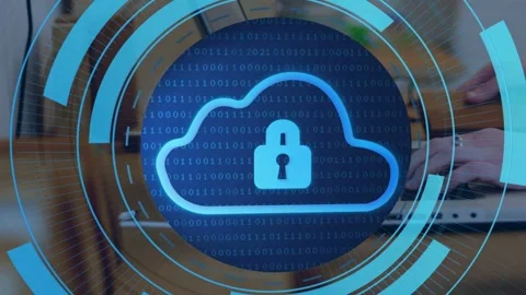 User typing, HUD forming over laptop, rings rotating and revealing cloud lock Stock Footage 334884215