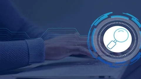 User typing keyboard, initiating tech search HUD with data lines sweeping from Stock Footage 335731958