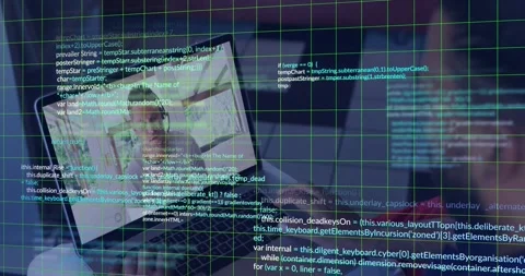 User typing on laptop while caller speaking, green grid emerging, code overlays Stock Footage 329471691