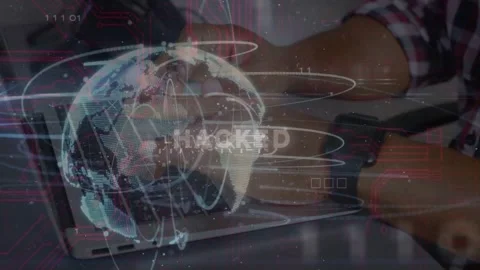 User typing while hologram globe fading in and rotating HACKED alert glitching Stock Footage 333477624